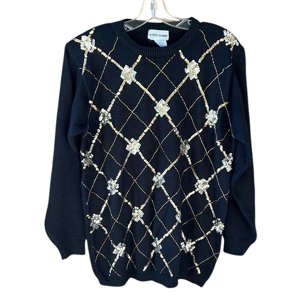 Vintage Alfred Dunner Black Sz M Beaded Sequin Argyle Sweater